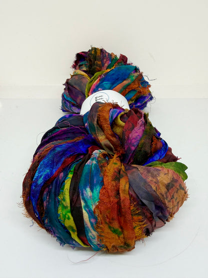 Sari Silk Ribbon – pure sar silk tie dyed for weaving, crochet and fibre art.