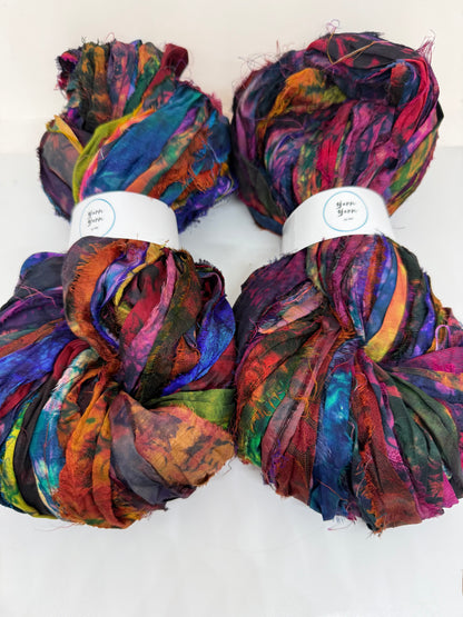 Sari Silk Ribbon – pure sar silk tie dyed for weaving, crochet and fibre art.