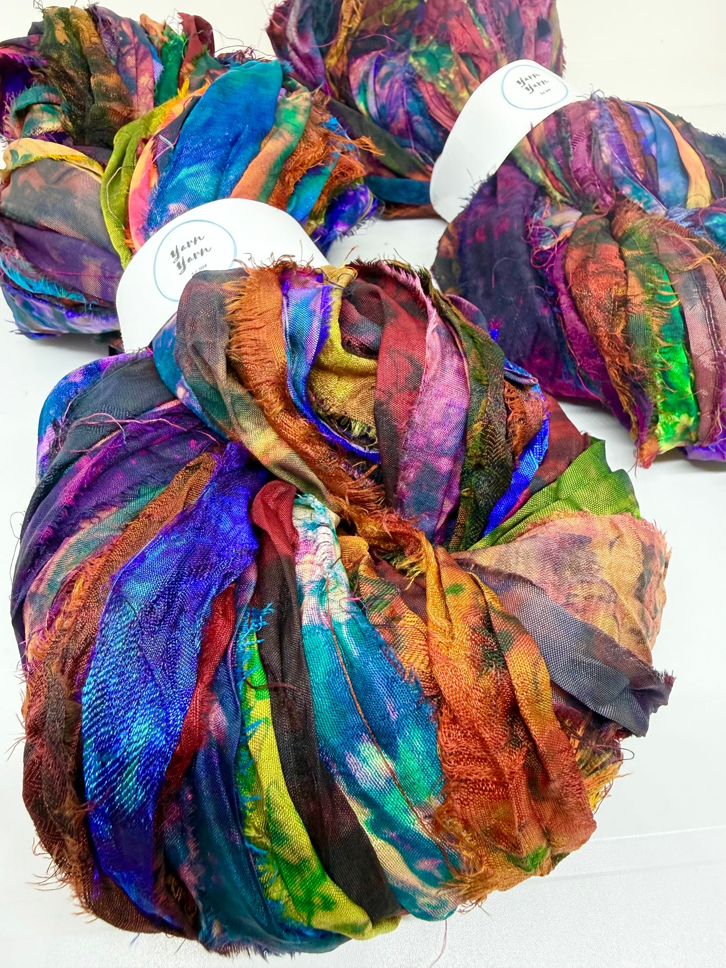 Sari Silk Ribbon – pure sar silk tie dyed for weaving, crochet and fibre art.