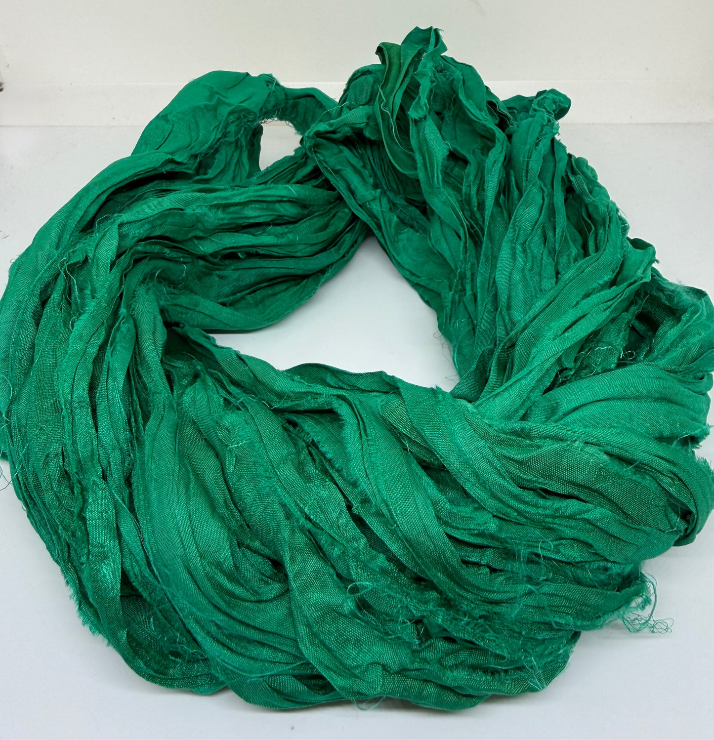 Sari silk ribbon, emerald green. Ribbon yarn.