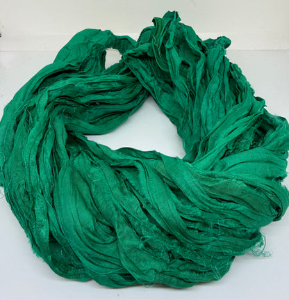 Sari silk ribbon, emerald green. Ribbon yarn.