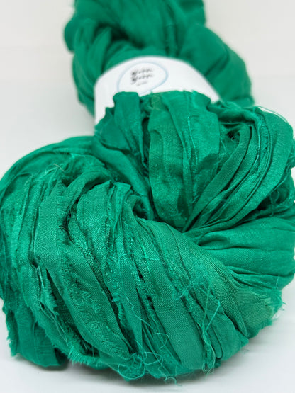 Sari silk ribbon, emerald green. Ribbon yarn.