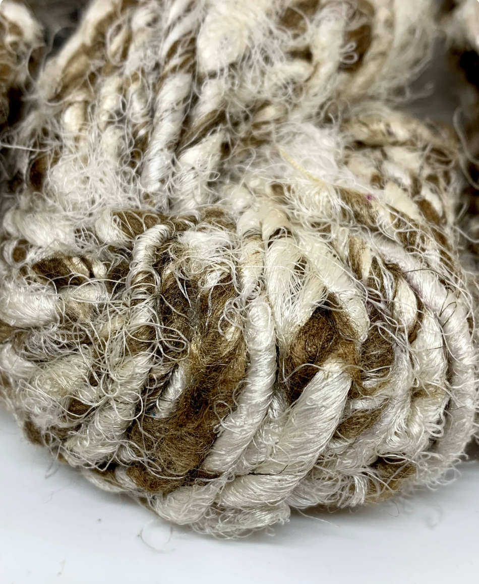 Raw peduncle silk and linen handspun yarn | ethical weaving | fibre arts