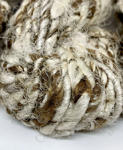 Raw peduncle silk and linen handspun yarn | ethical weaving | fibre arts