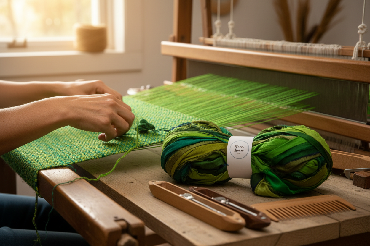 Hands weaving with green sari silk ribbon