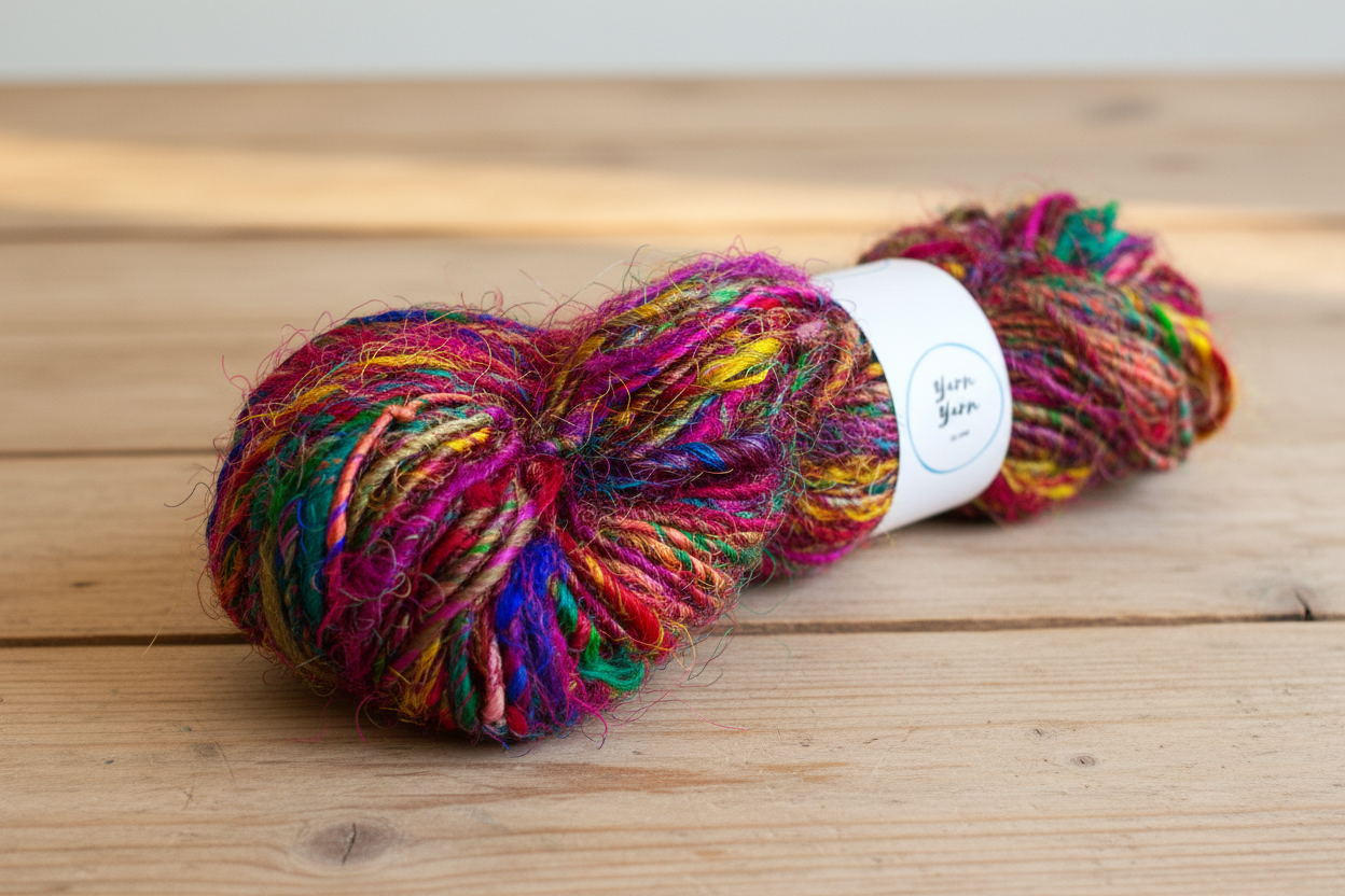 Multicoloured sari silk ribbon skein on a table