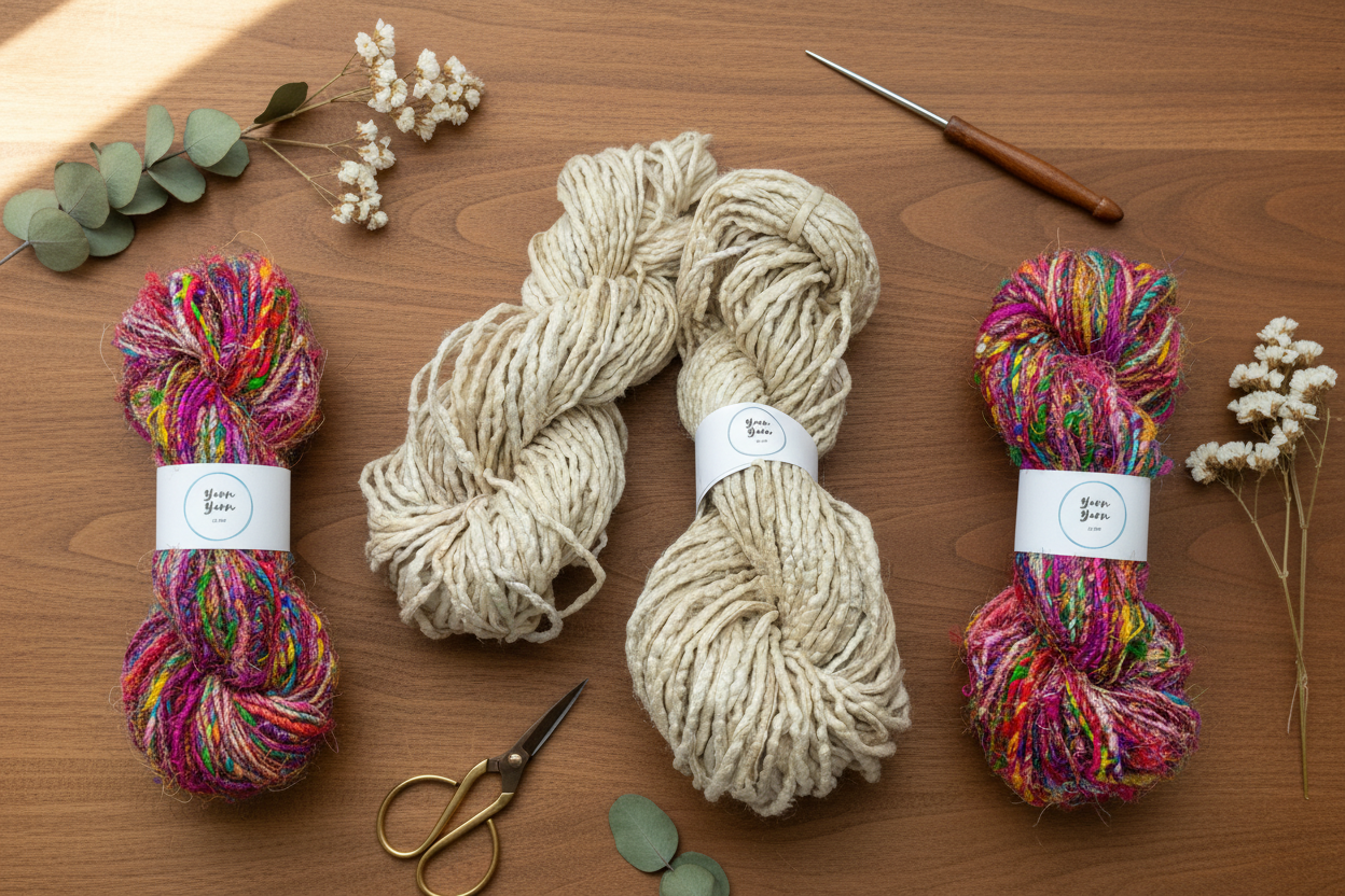 cream silk yarn sitting with two muclticoloured yarn