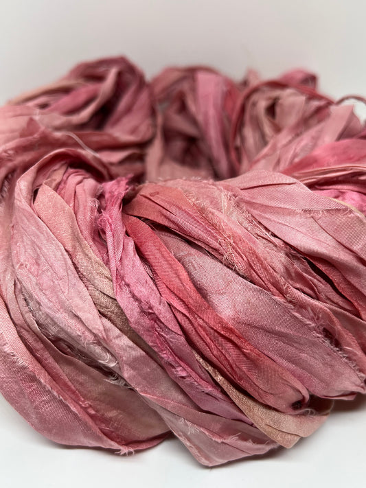 Sari silk ribbon yarn, rose pink, sustainable ribbon yarn.
