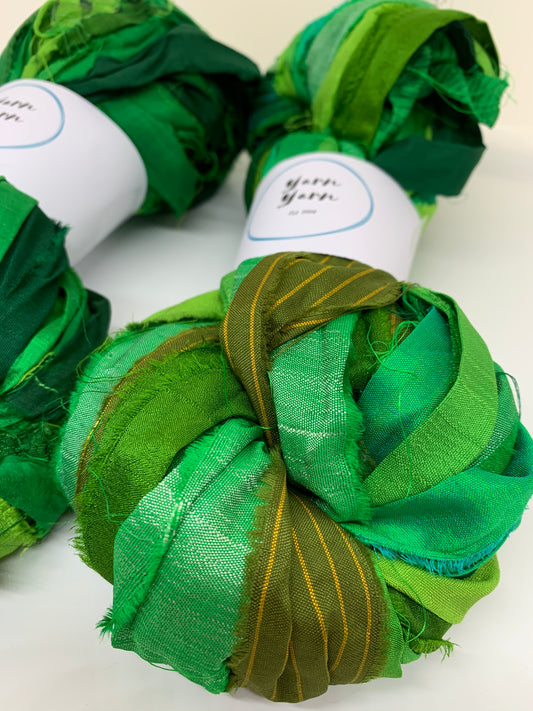 Sari silk ribbon, enchanted green, craft ribbon.