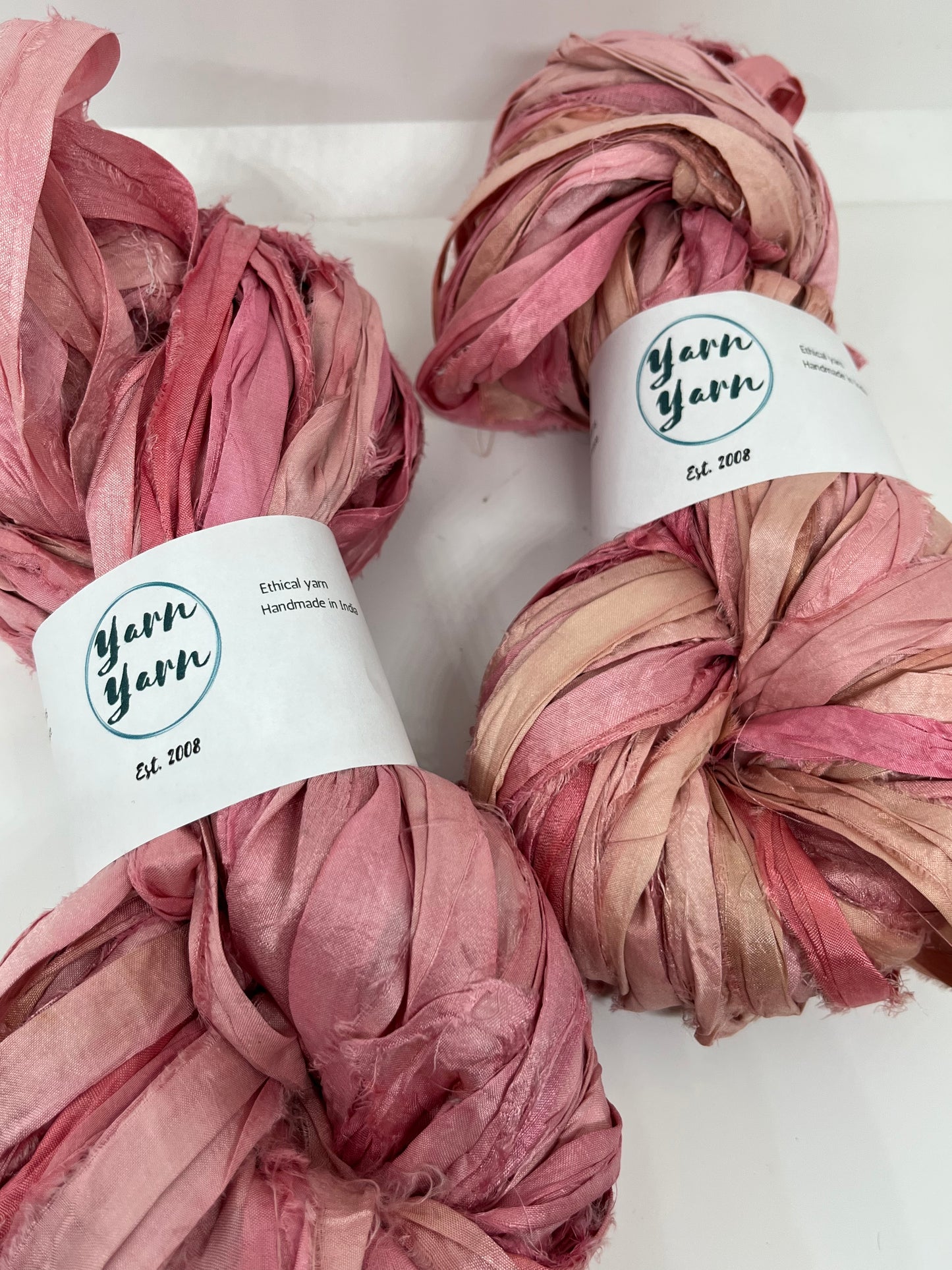 Sari silk ribbon yarn, rose pink, sustainable ribbon yarn.
