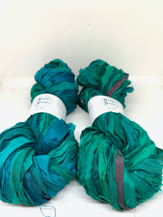 Sari silk ribbon, emerald green. Ribbon yarn.