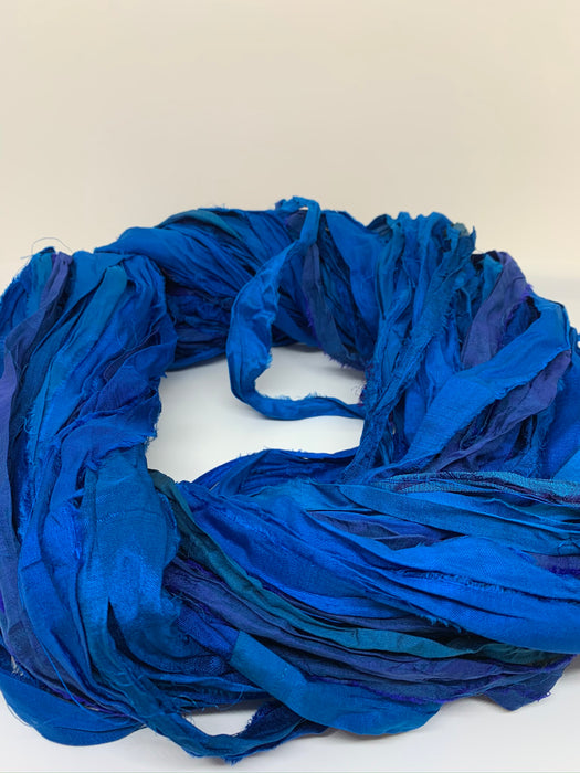 Sari silk ribbon yarn, wide strips, royal blue.