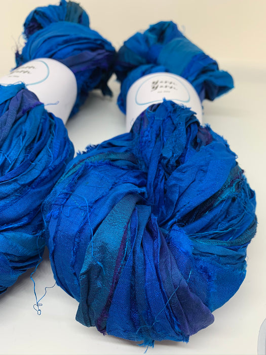 Sari silk ribbon yarn, wide strips, royal blue.