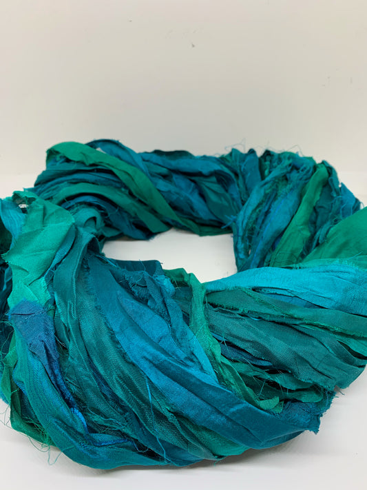 Sari silk ribbon, emerald green. Ribbon yarn.