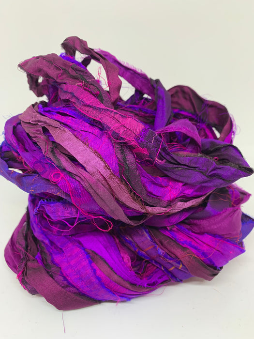 Sari silk ribbon, magenta. Ribbon yarn.