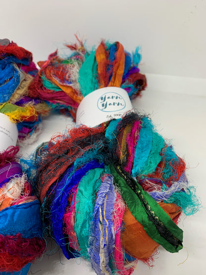 Sari silk ribbon, eyelash textured ribbon yarn.