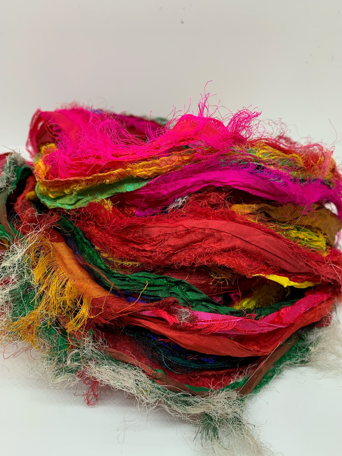 Sari silk ribbon, eyelash textured ribbon yarn.