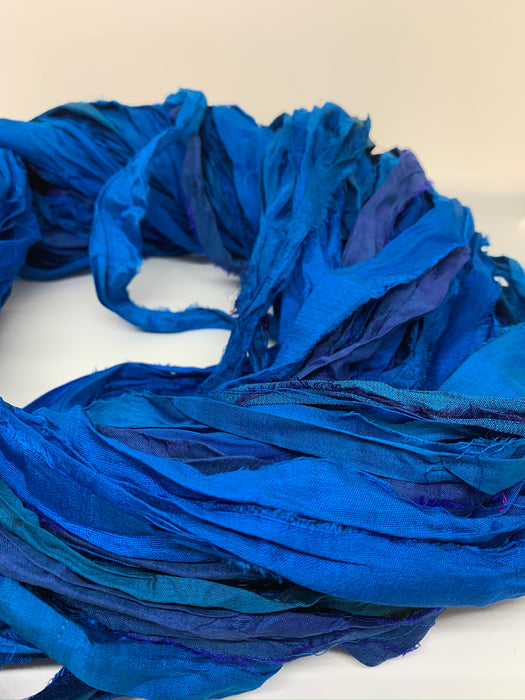 Sari silk ribbon yarn, wide strips, royal blue.