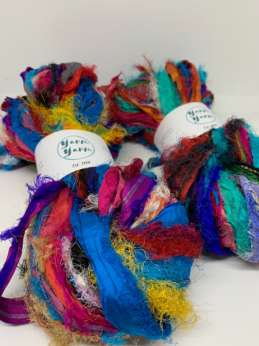 Sari silk ribbon, eyelash textured ribbon yarn.