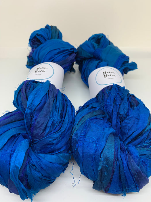 Sari silk ribbon yarn, wide strips, royal blue.