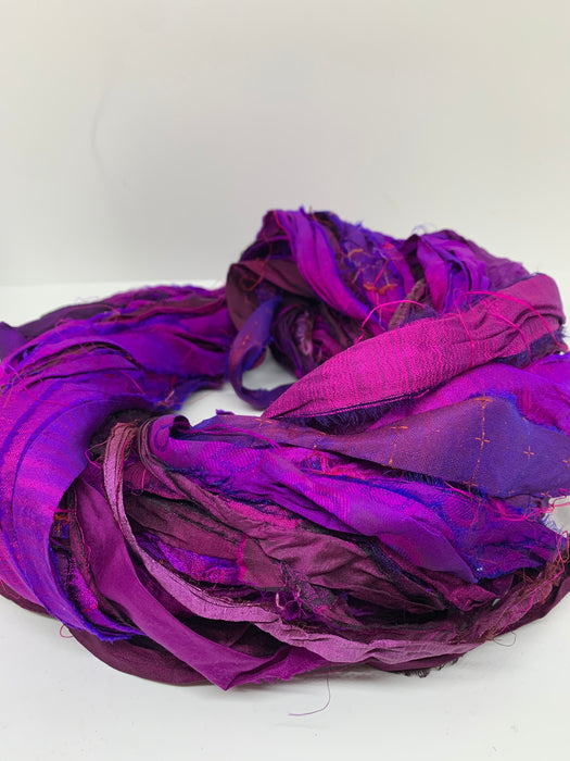 Sari silk ribbon, magenta. Ribbon yarn.